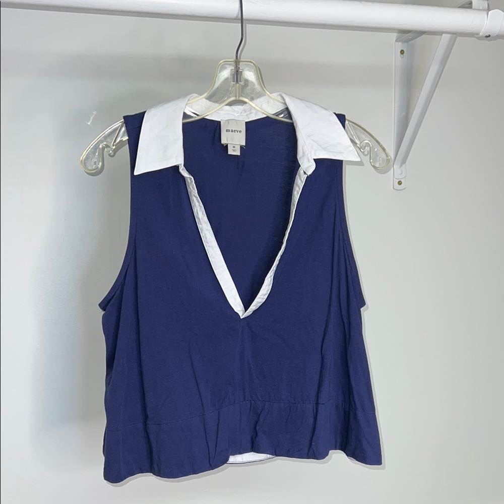 Maeve Blue and White Crop Blouse with‎ Collar- M